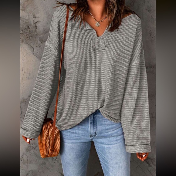 Cozy Waffle Knit Notched Neck Long Sleeve Top - Picture 3 of 7